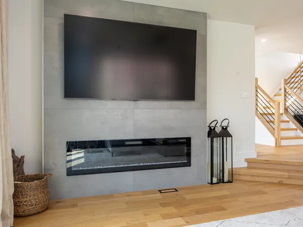 Margate Coastal Transformation — Great room with linear fireplace